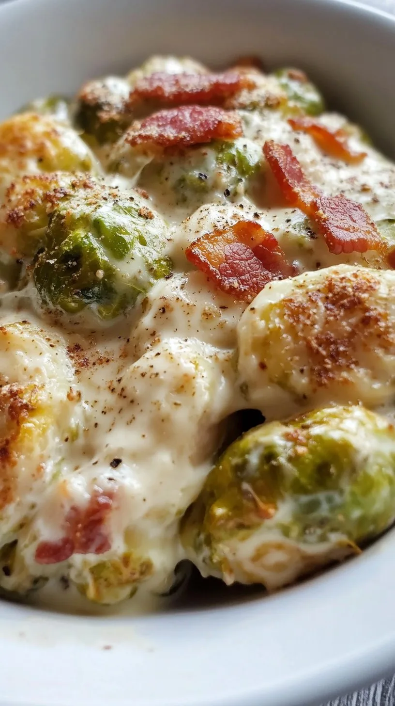 Creamy Garlic Parmesan Brussels Sprouts with Bacon