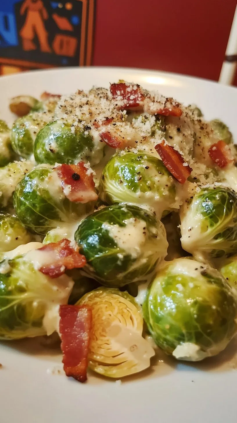 Creamy Garlic Parmesan Brussels Sprouts with Bacon