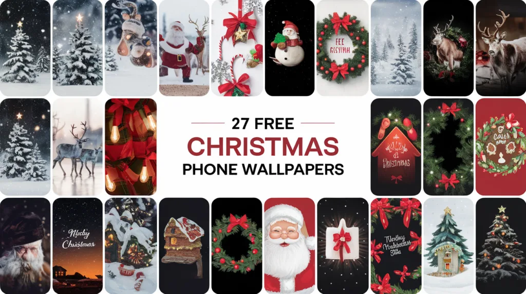 a collage of 27 free christmas phone wallpapers