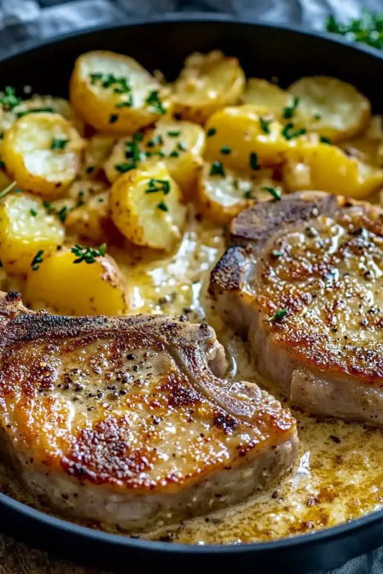 Garlic Butter Pork Chops with Cheesy Potato Bake