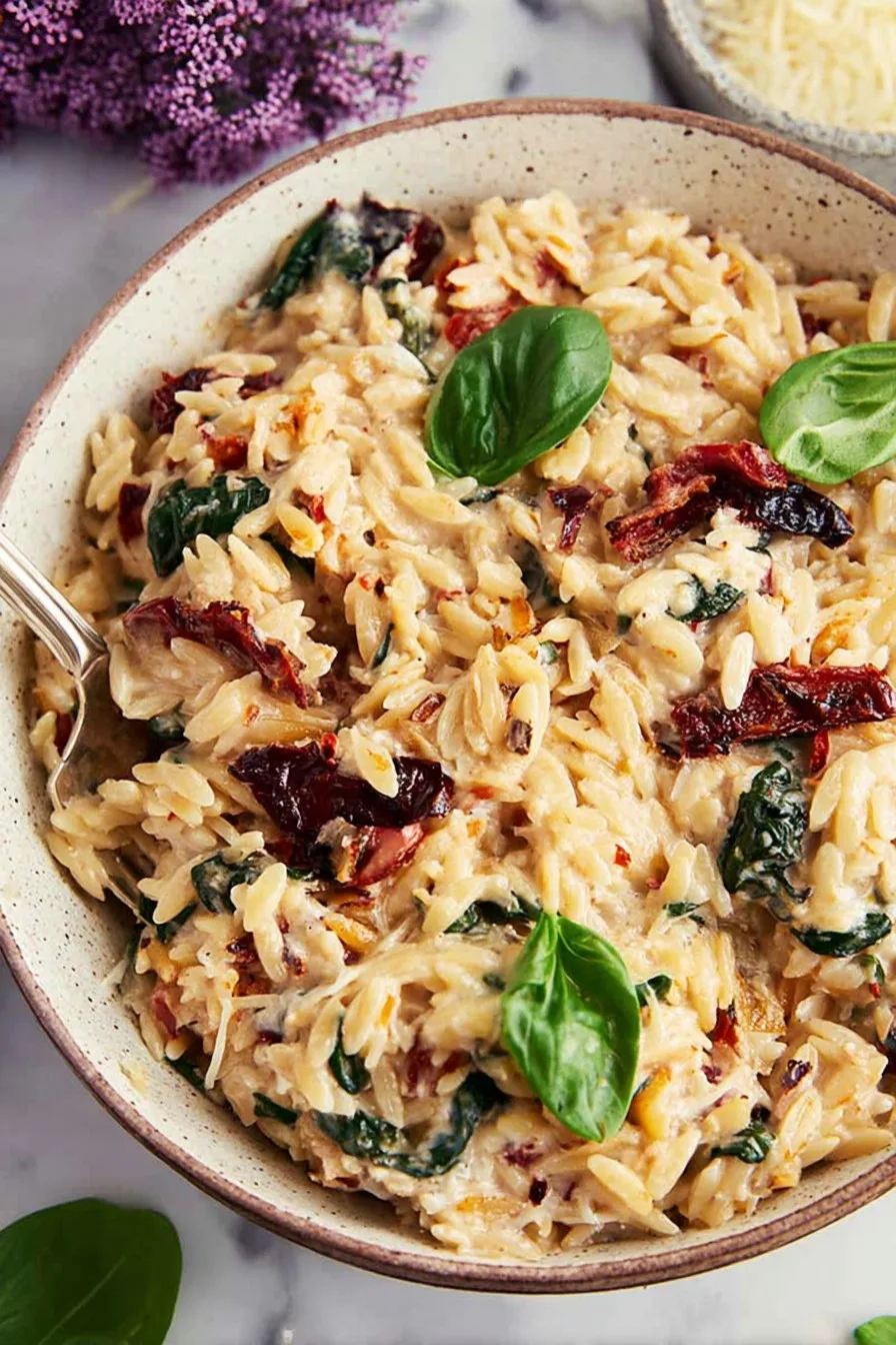Spinach and Sun-Dried Tomato Boursin Orzo Bake