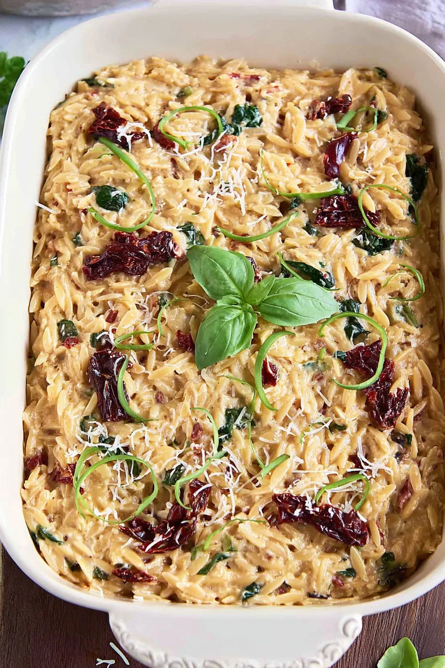 Spinach and Sun-Dried Tomato Boursin Orzo Bake