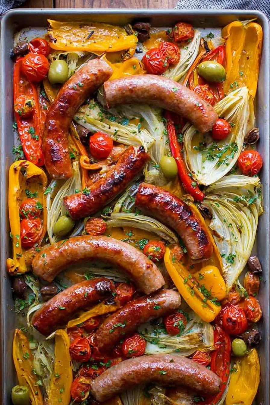 Sheet Pan Sausage with Peppers, Fennel, and Olives