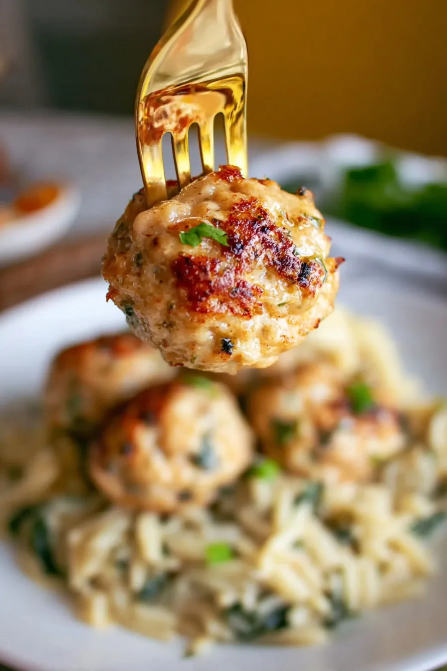 Baked Chicken Ricotta Meatballs with Creamy Spinach Orzo