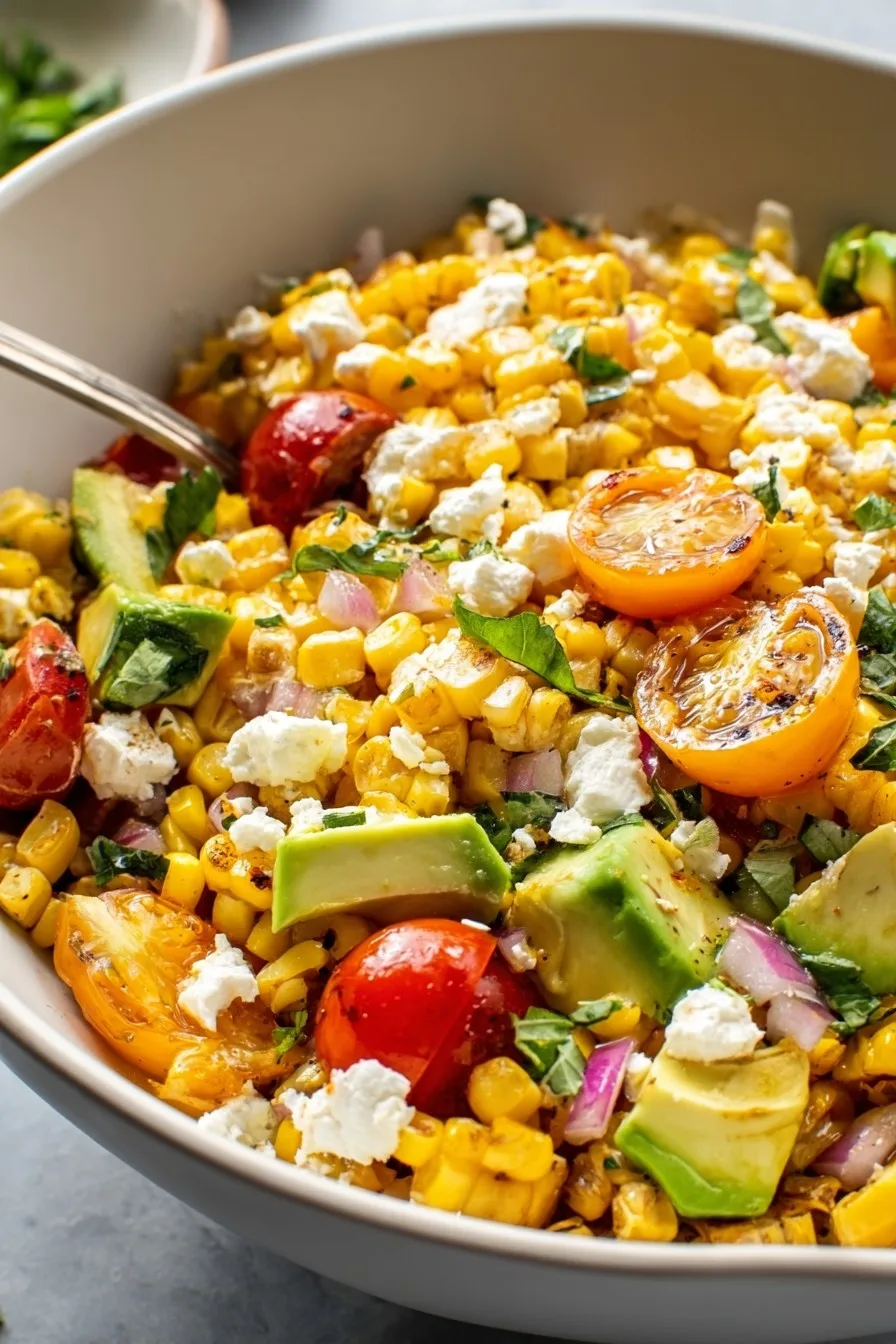 Grilled Corn Salad with Avocado, Goat Cheese & Hot Honey Vinaigrette