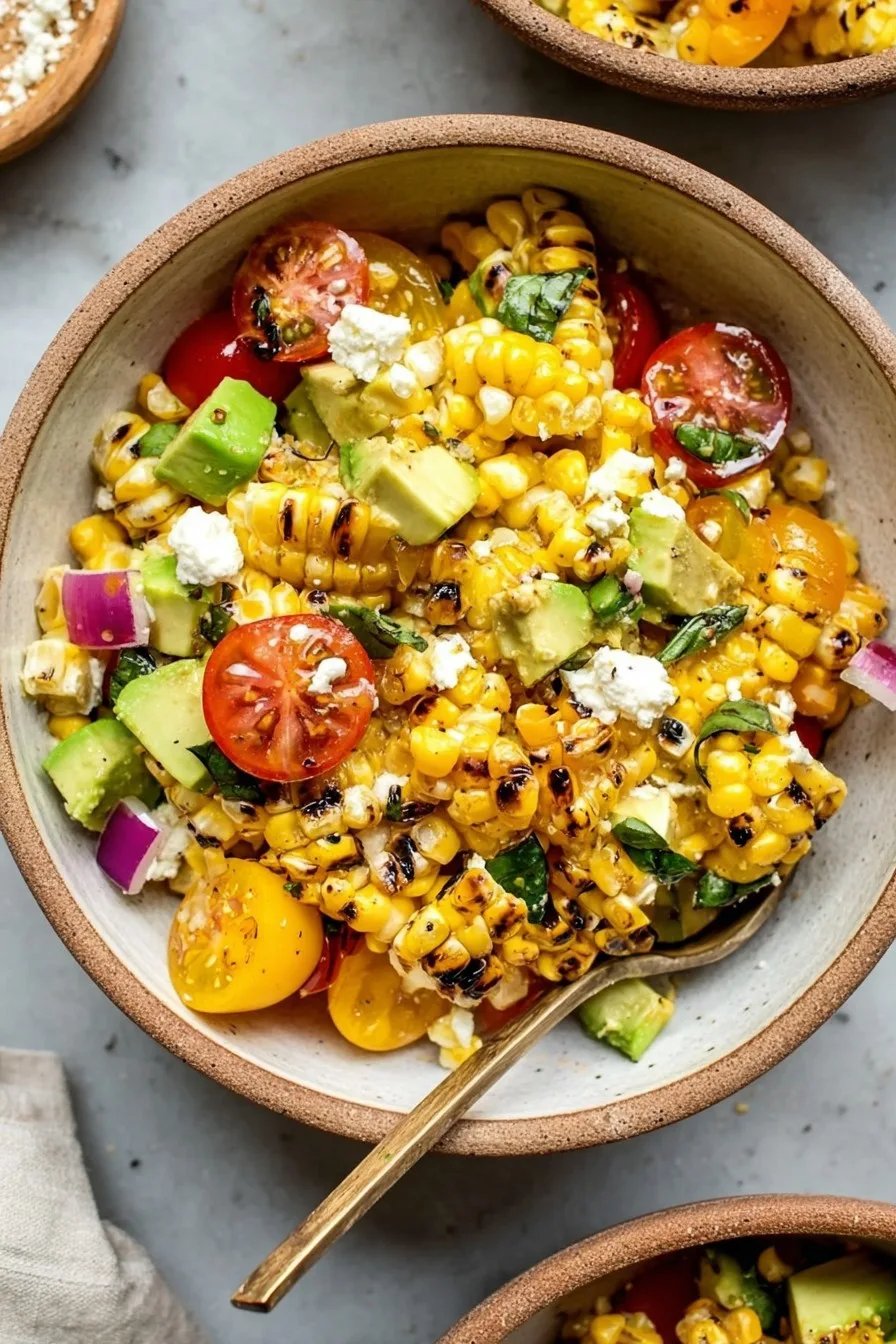 Grilled Corn Salad with Avocado, Goat Cheese & Hot Honey Vinaigrette