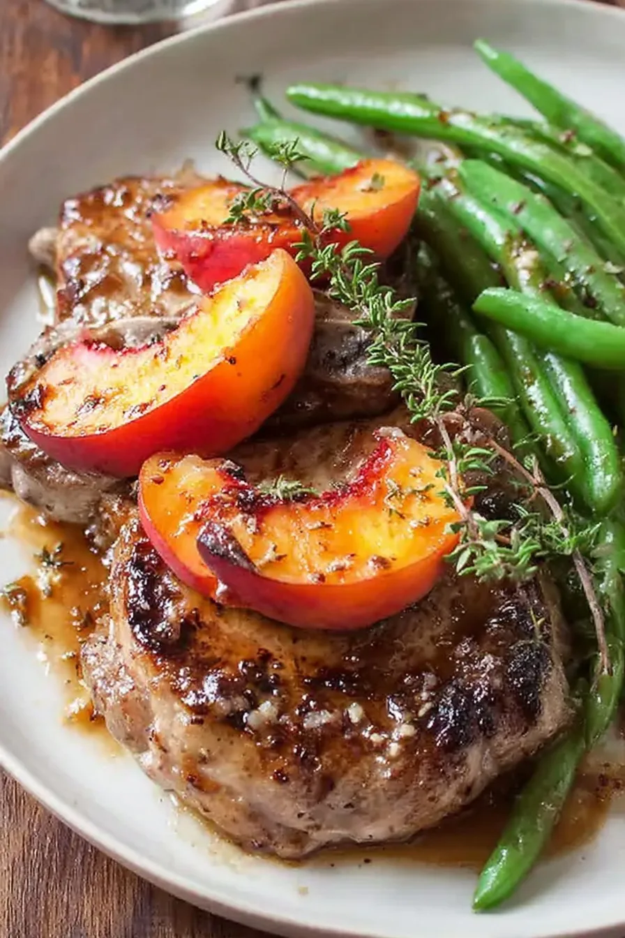 Skillet Balsamic Pork Chops with Peaches and Gorgonzola