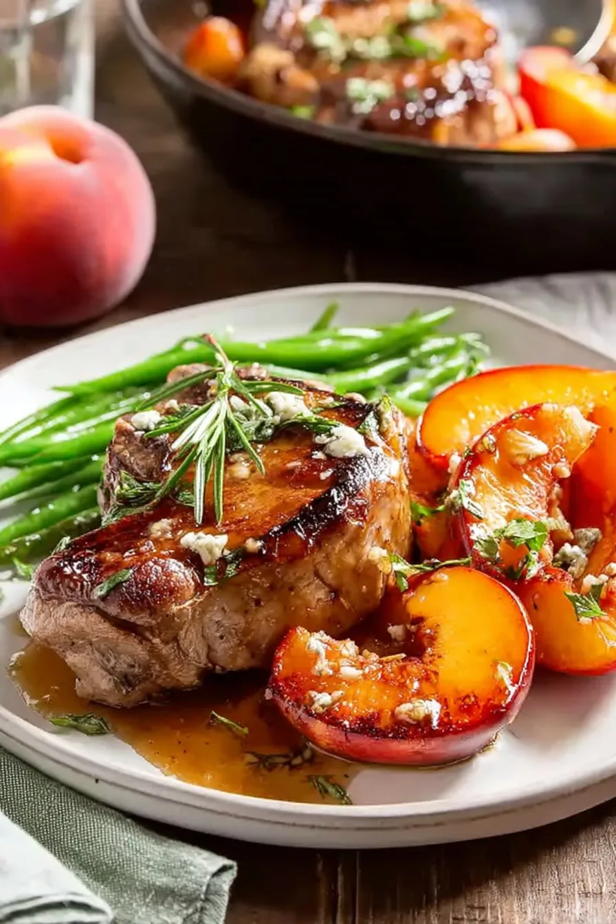 Skillet Balsamic Pork Chops with Peaches and Gorgonzola