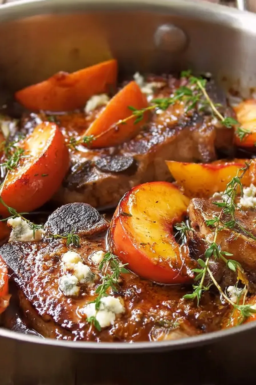 Skillet Balsamic Pork Chops with Peaches and Gorgonzola