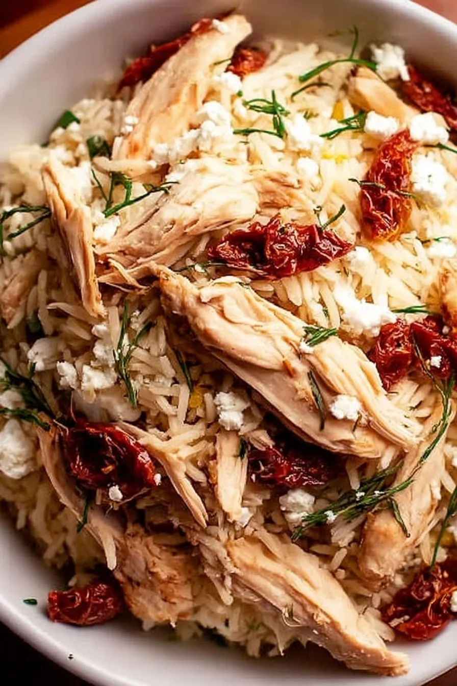 Viral Shaken Rotisserie Chicken and Rice with Lemon, Feta & Sun-Dried Tomatoes